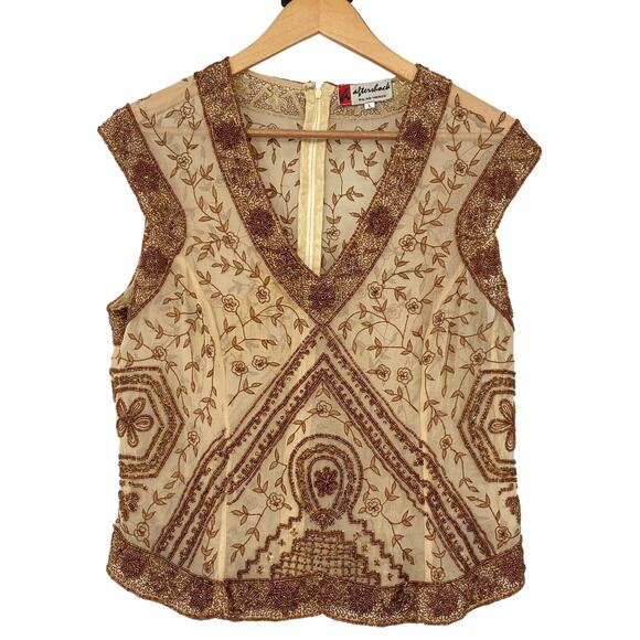 Vintage Aftershock 100% silk Beaded Sequins Floral Cap Sleeve Blouse Top  Sz L - Picture 1 of 12